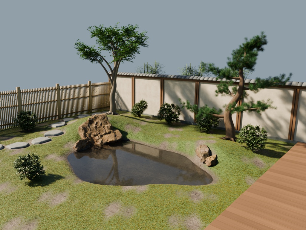 【Blender用3D背景】和風庭園 Kyoto Garden|苔・池・松・縁側の静止シーン