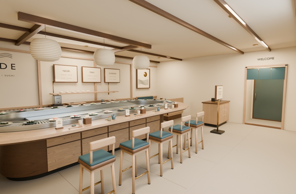 【Blender用3D背景】回転寿司店｜寿司8種・120秒ループの回転レーン
