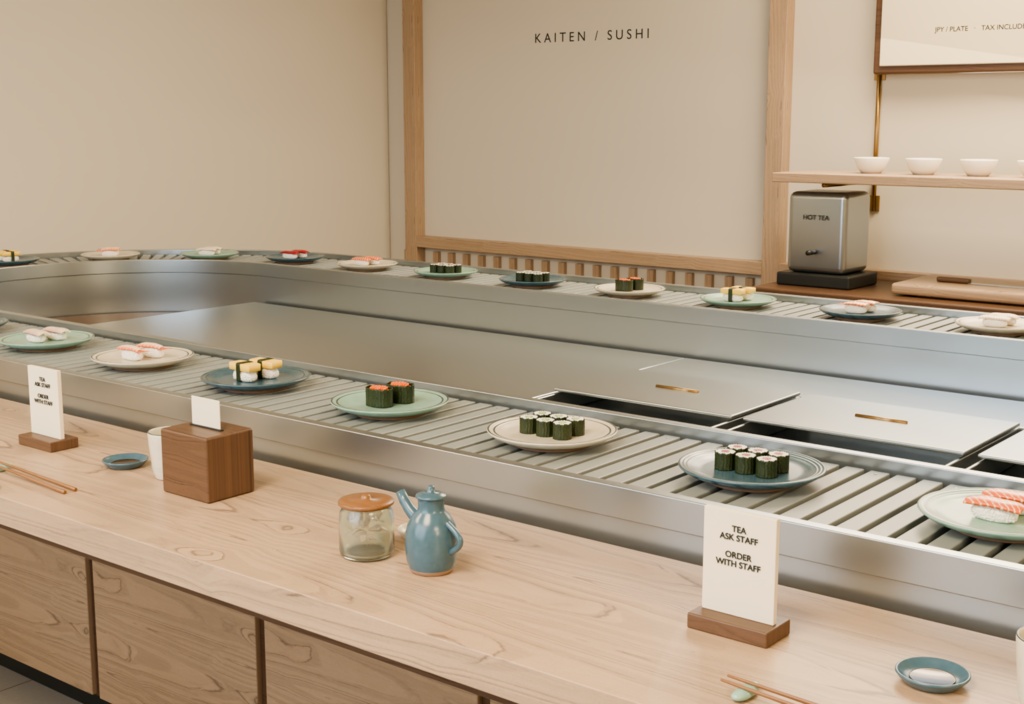 【Blender用3D背景】回転寿司店|寿司8種・120秒ループの回転レーン