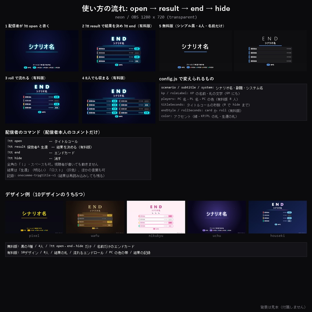 【わんコメテンプレート】TRPGタイトルコール&エンドカード 10デザイン|シナリオ名を画面いっぱいに・PCごとの生還/ロストほか【OBS/TRPG配信/CoC/ココフォリア配信】
