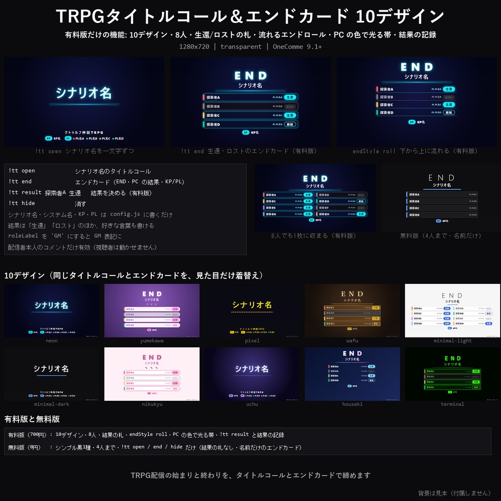 【わんコメテンプレート】TRPGタイトルコール＆エンドカード 10デザイン｜シナリオ名を画面いっぱいに・PCごとの生還/ロストほか【OBS/TRPG配信/CoC/ココフォリア配信】