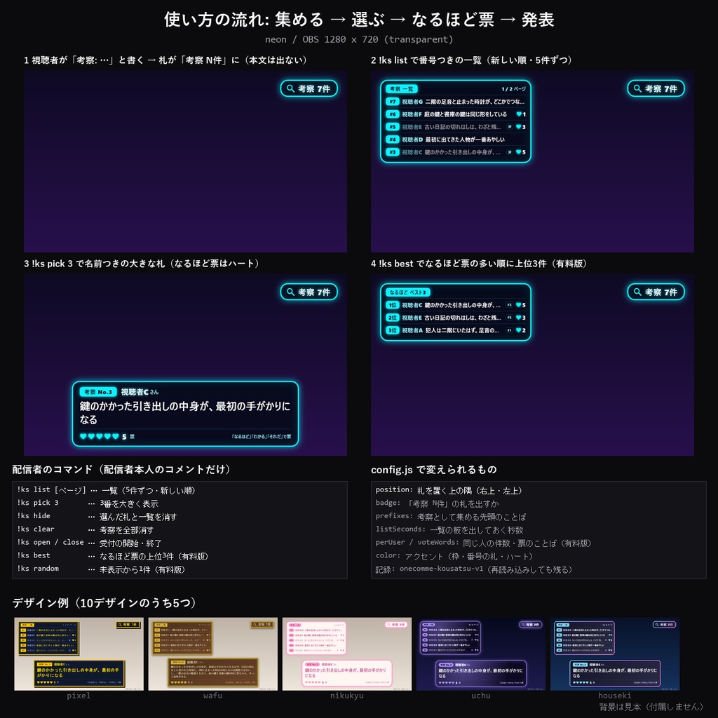 【わんコメテンプレート】視聴者の考察ボード 10デザイン|「考察:」のコメントだけを集める・選んだ考察を大きく表示・なるほど票・上位の考察を発表【OBS/推理ゲーム/TRPG/マダミス配信】