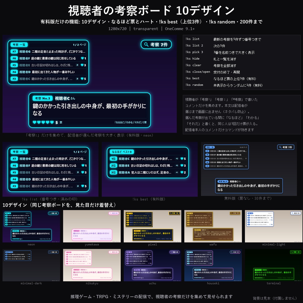 【わんコメテンプレート】視聴者の考察ボード 10デザイン｜「考察:」のコメントだけを集める・選んだ考察を大きく表示・なるほど票・上位の考察を発表【OBS/推理ゲーム/TRPG/マダミス配信】