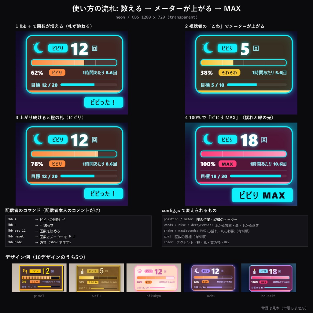 【わんコメテンプレート】ホラゲ ビビりメーター 10デザイン|ビビった回数を数える・視聴者の「こわ」「www」でメーターが上がる・MAXで画面が揺れるほか【OBS/ホラーゲーム実況/VTuber】
