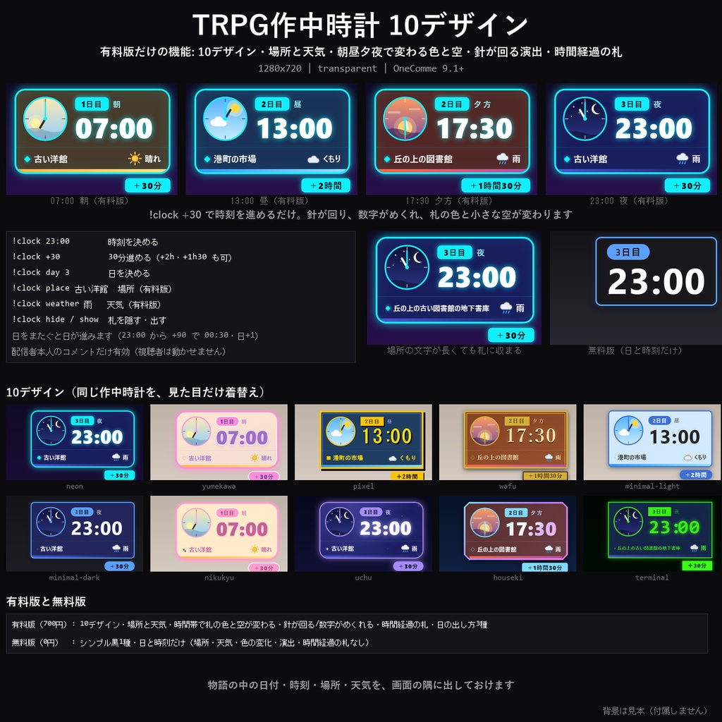 【わんコメテンプレート】TRPG作中時計 10デザイン|物語の日付・時刻・場所・天気を画面の隅に・時間を進めると朝昼夕夜で色が変わる【OBS/TRPG配信/CoC/ココフォリア配信】