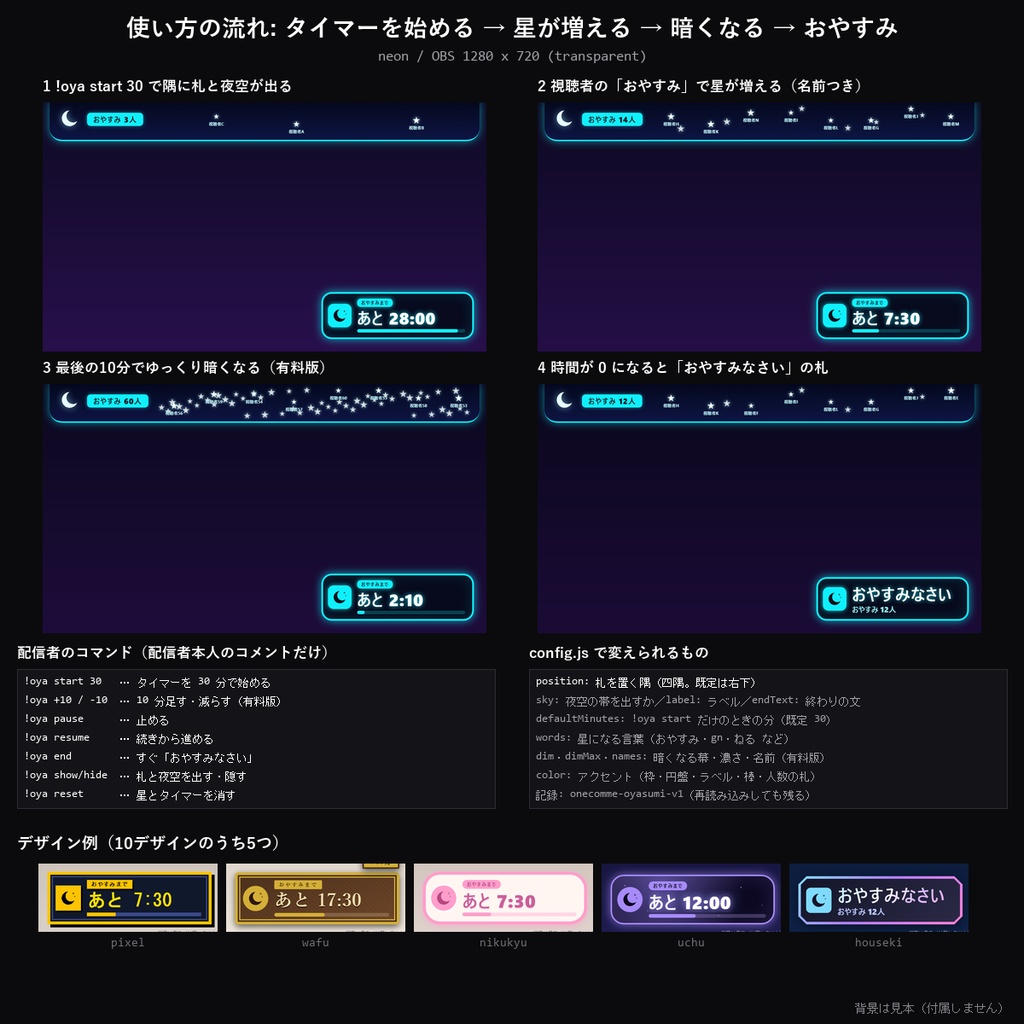 【わんコメテンプレート】寝落ち配信 おやすみタイマー 10デザイン|配信の終わりまでの残り時間・「おやすみ」コメントで夜空に星が増えるほか【OBS/睡眠導入/寝落ち配信/VTuber】