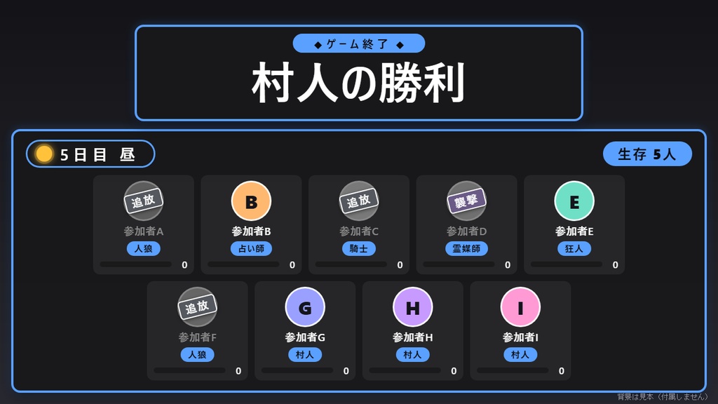 【無料】人狼配信ボード シンプル黒（8人まで）【わんコメテンプレート/人狼配信】
