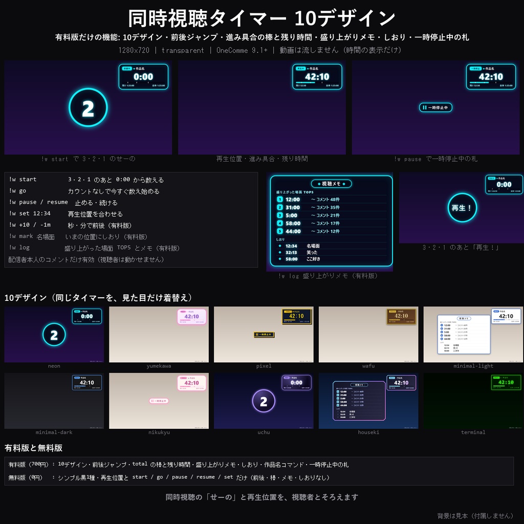 【わんコメテンプレート】同時視聴タイマー 10デザイン｜作品の再生位置を表示・3,2,1でせーので再生・一時停止と合わせ直し・盛り上がった場面のメモ【OBS/同時視聴/ウォッチパーティー】