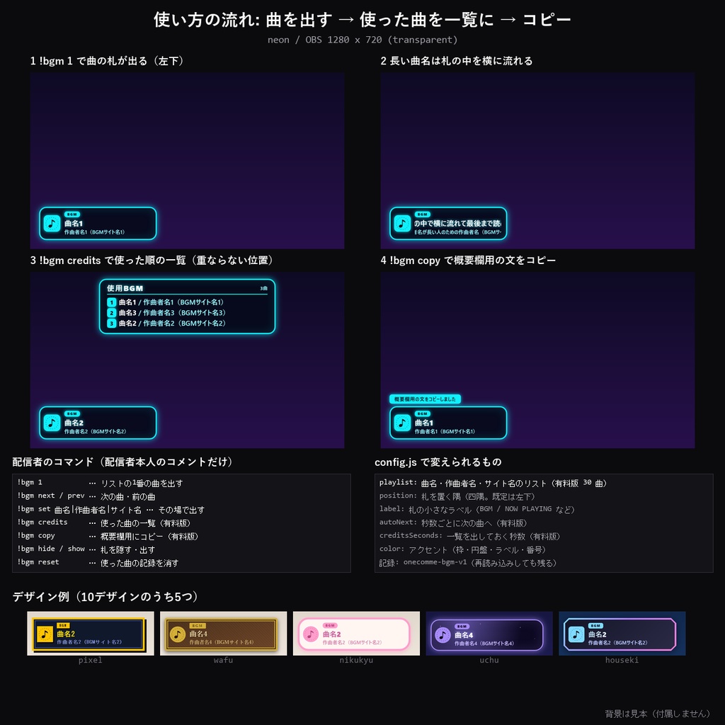 【わんコメテンプレート】BGMクレジット表示 10デザイン|流しているBGMの曲名・作曲者・配布サイトを画面の隅に・使った曲の一覧と概要欄用のコピー【OBS/作業配信/雑談/VTuber】