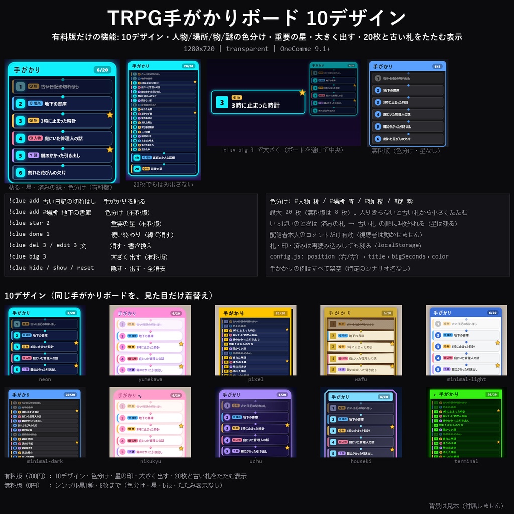 【わんコメテンプレート】TRPG手がかりボード 10デザイン|見つかった手がかりを画面の横に貼っていく・重要の印・使い終わりは線で消すほか【OBS/TRPG配信/マダミス/CoC】