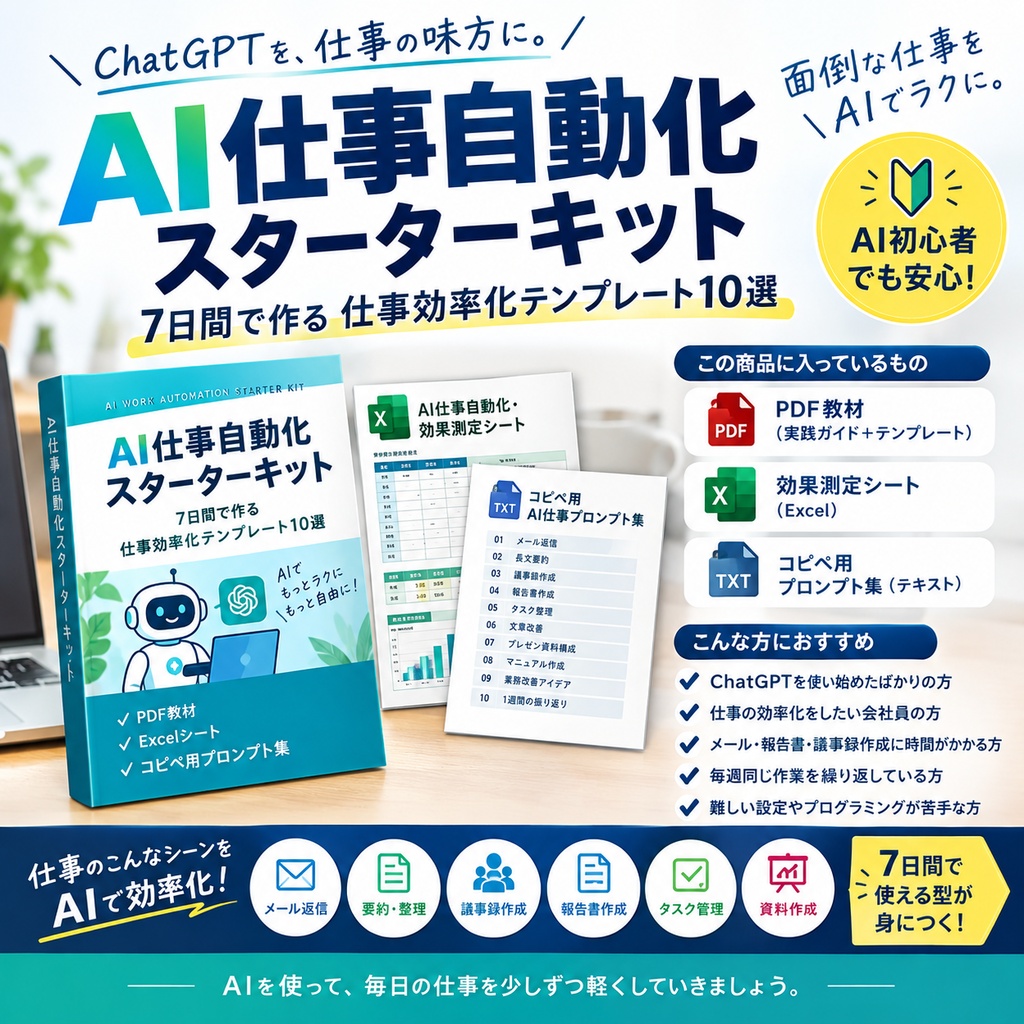 AI仕事自動化スターターキット｜7日間で作る仕事効率化テンプレート10選＋効果測定Excel