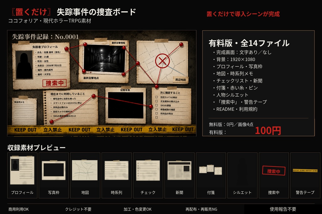 〖置くだけ〗失踪事件の捜査ボード|ココフォリア・現代ホラーTRPG素材