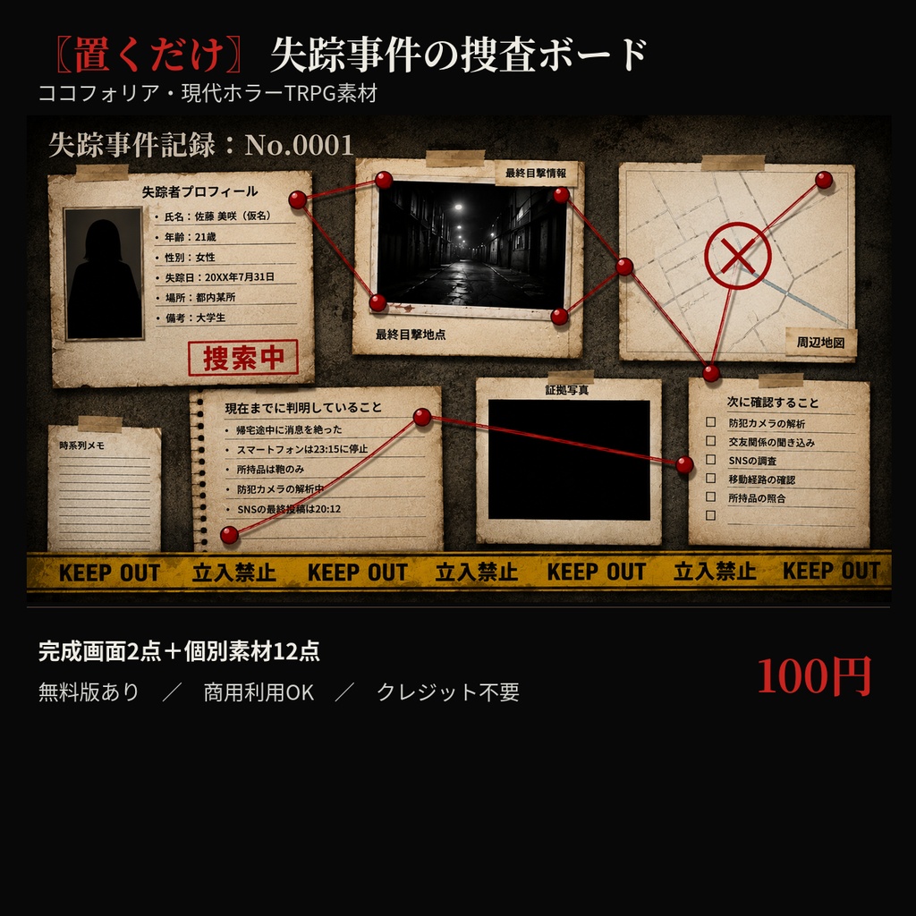 〖置くだけ〗失踪事件の捜査ボード｜ココフォリア・現代ホラーTRPG素材