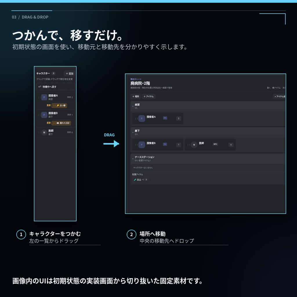 【ドラッグで管理】TRPGキーパー用 所持品・現在地ボード|インストール不要