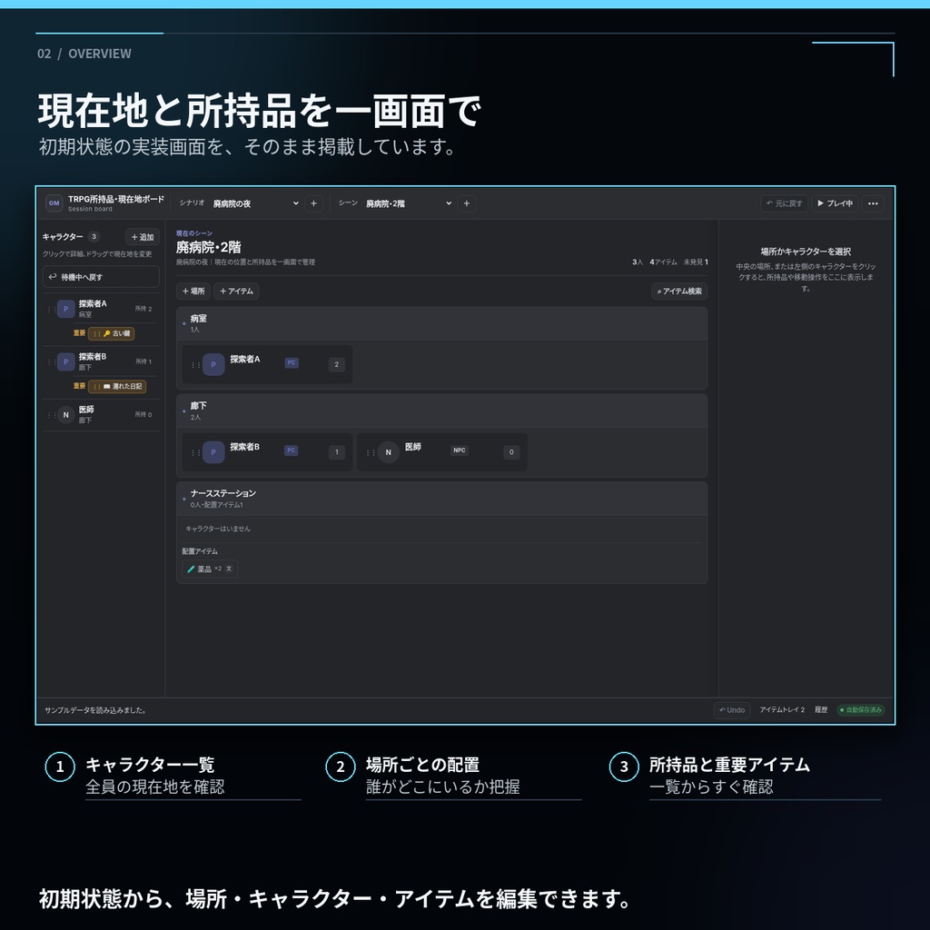 【ドラッグで管理】TRPGキーパー用 所持品・現在地ボード|インストール不要