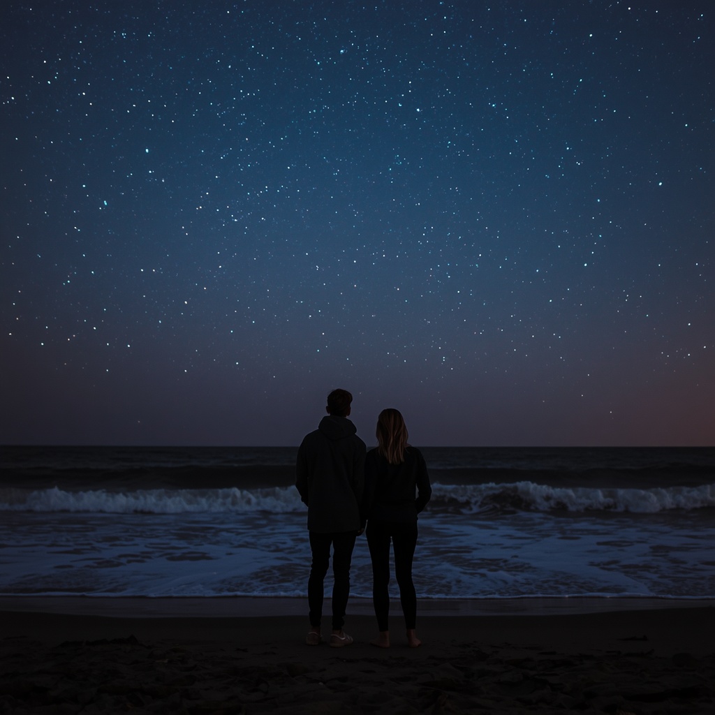 夜の海で寄り添う二人