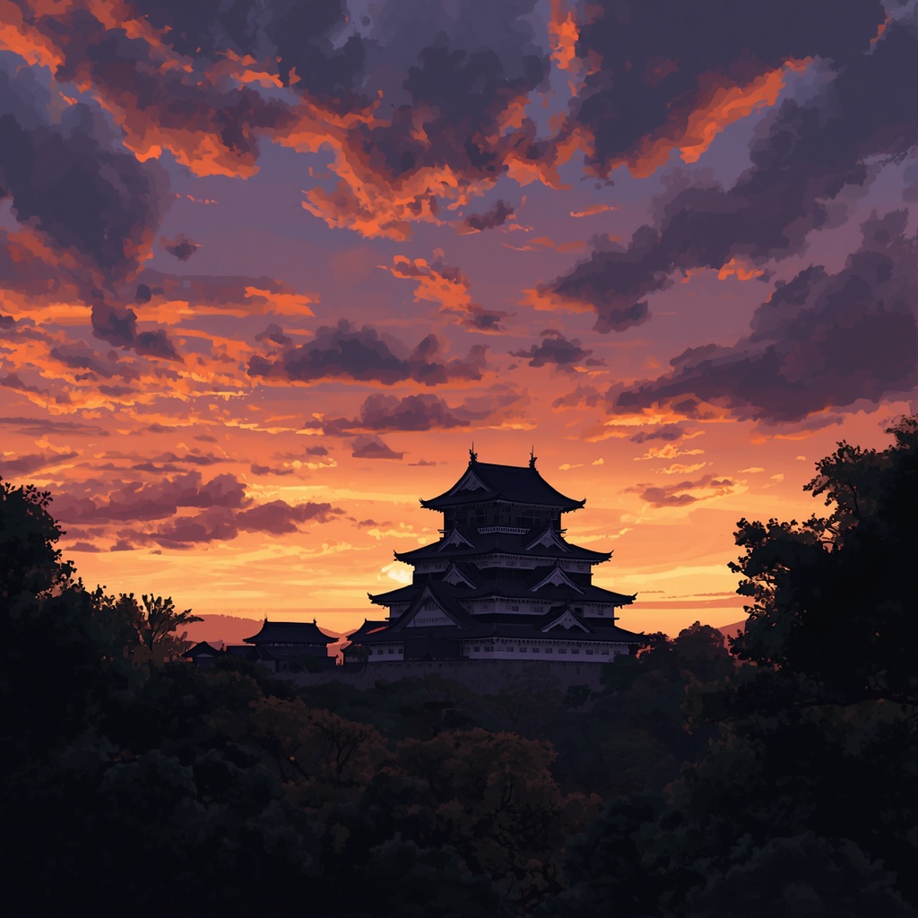 夕日と日本の城