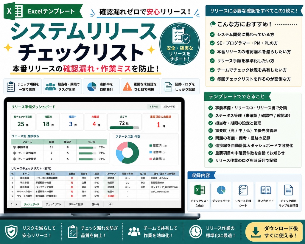 【Excel】システムリリースチェックリスト｜本番リリースの確認漏れ・作業ミスを防止