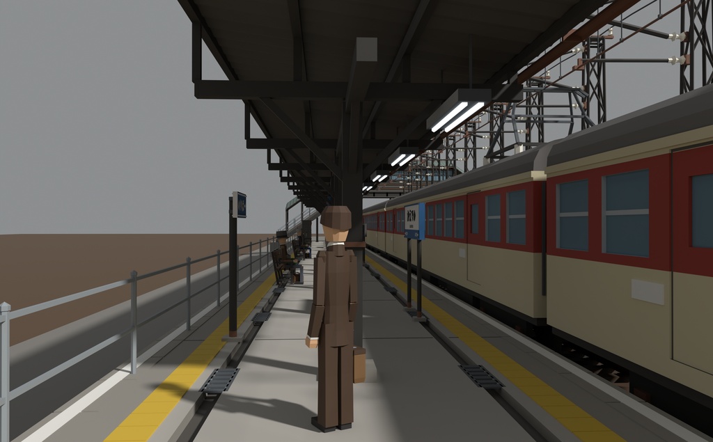 昭和の駅とホーム ローポリ3Dモデルパック 26点|木造駅舎・電車3両・跨線橋