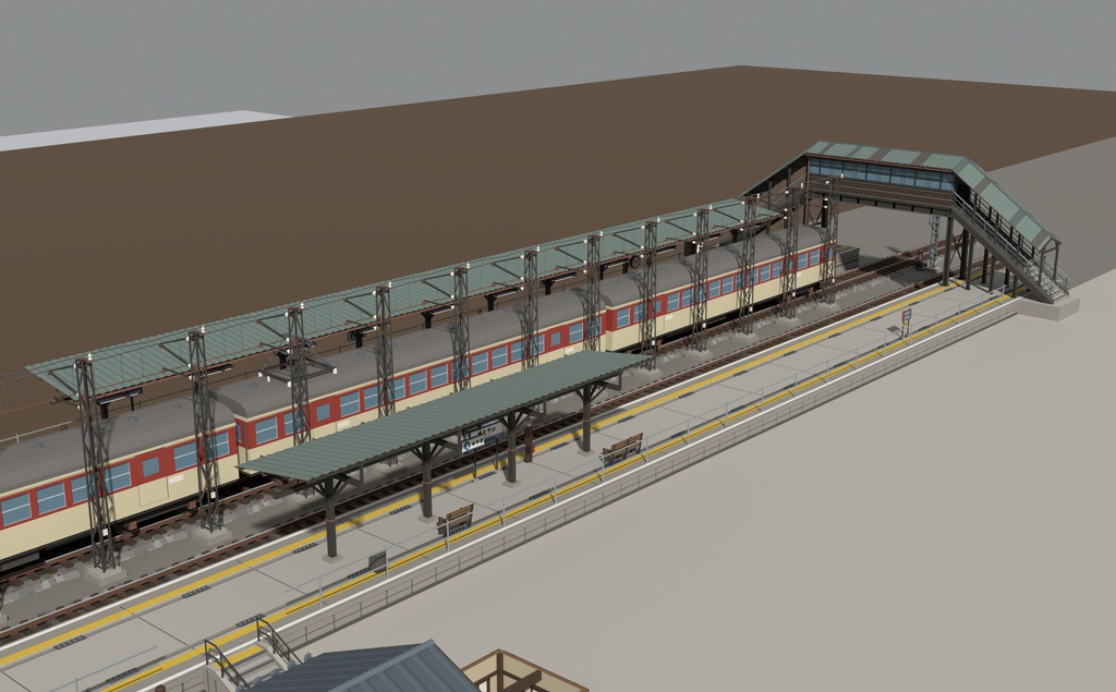 昭和の駅とホーム ローポリ3Dモデルパック 26点|木造駅舎・電車3両・跨線橋