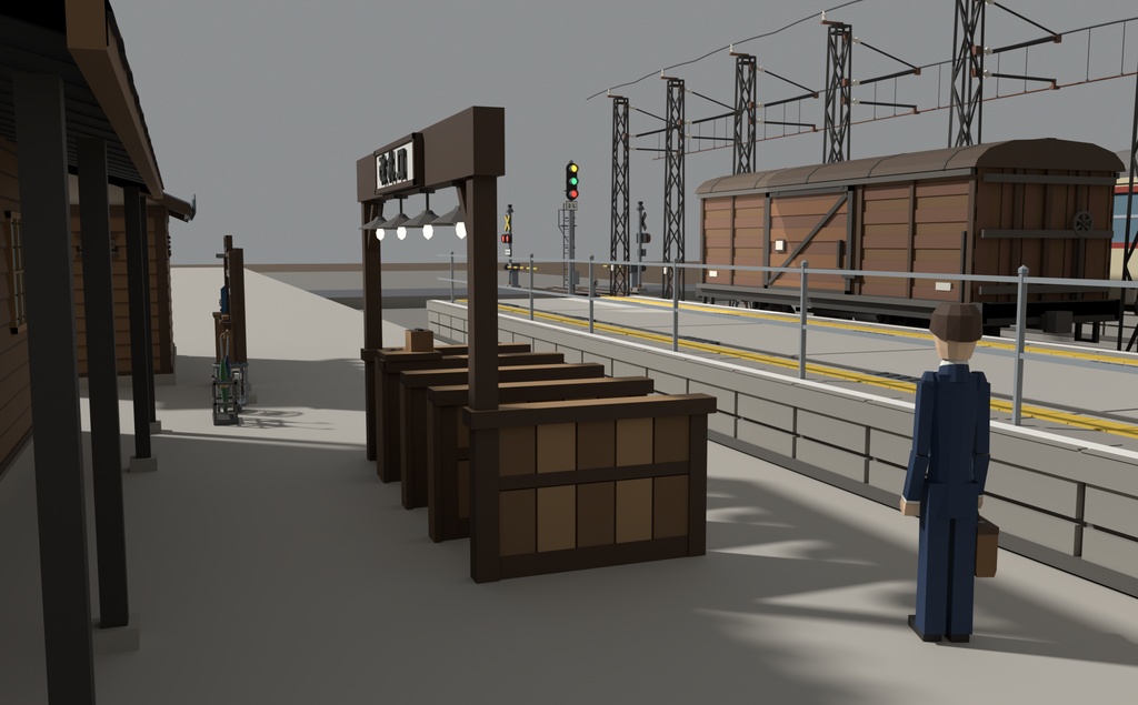 昭和の駅とホーム ローポリ3Dモデルパック 26点|木造駅舎・電車3両・跨線橋