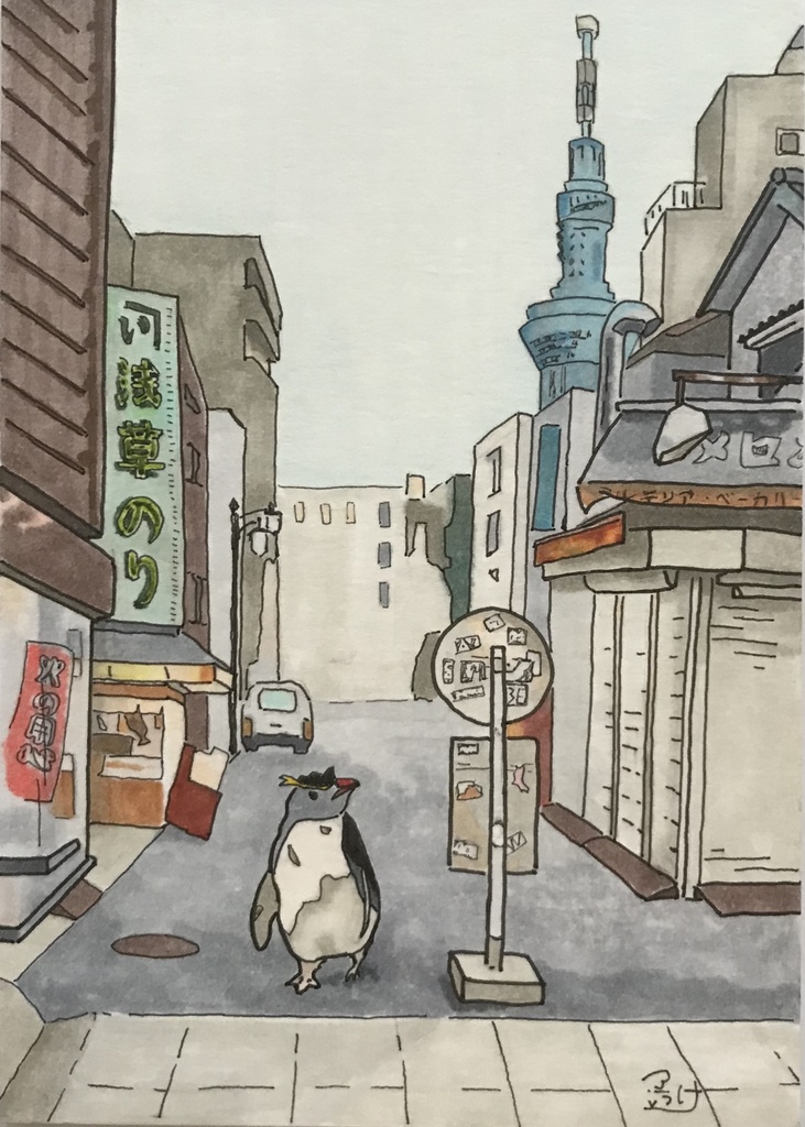 【原画】浅草を散策するペンギン