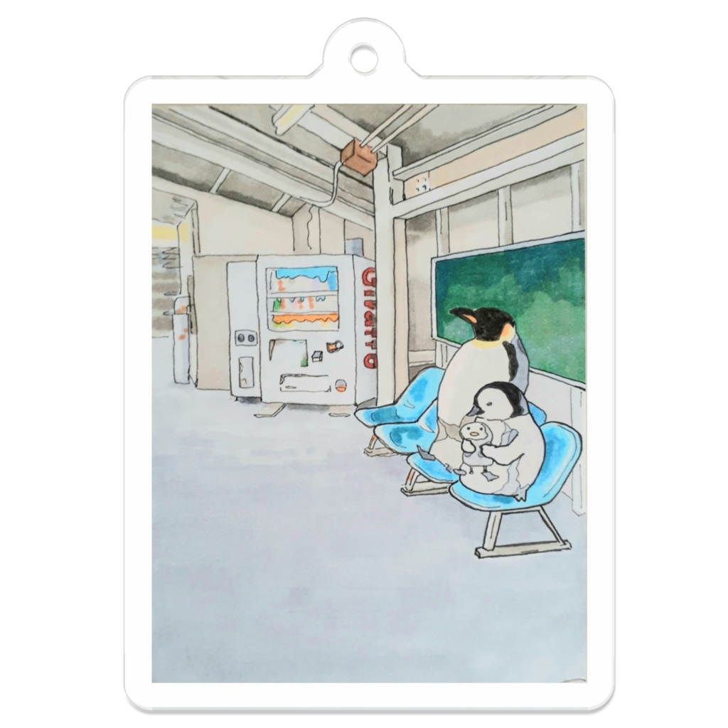 でんしゃを待つペンギン親子