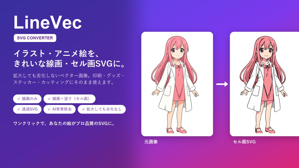 LineVec|イラスト・アニメ絵を線画・セル画SVGに変換