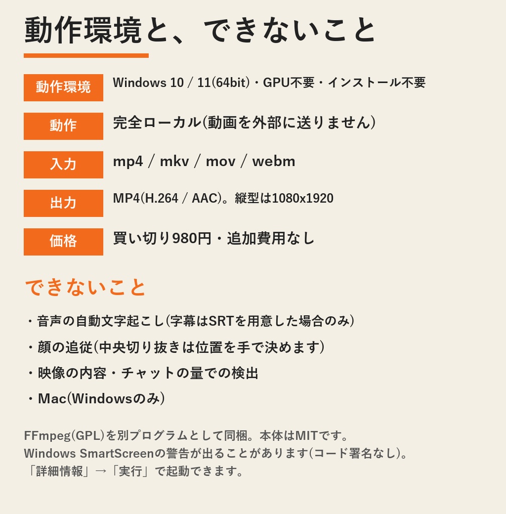 切り抜きメーカー | 配信アーカイブの盛り上がりを自動検出→縦型ショート書き出し・無音詰めまで(Windows・買い切り)
