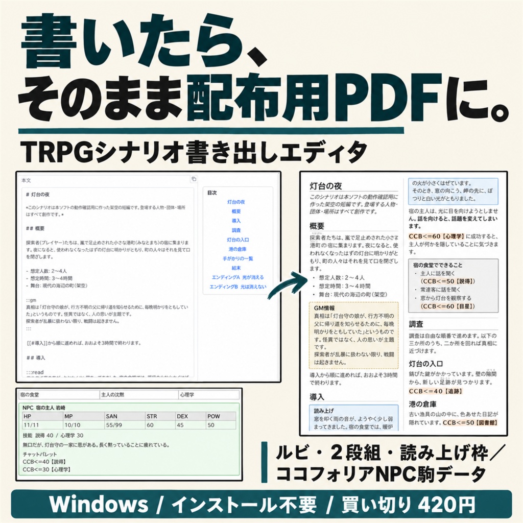 TRPGシナリオ書き出しエディタ|ルビ・2段組のPDF/HTMLとココフォリアNPC駒データ【Windows/買い切り420円】