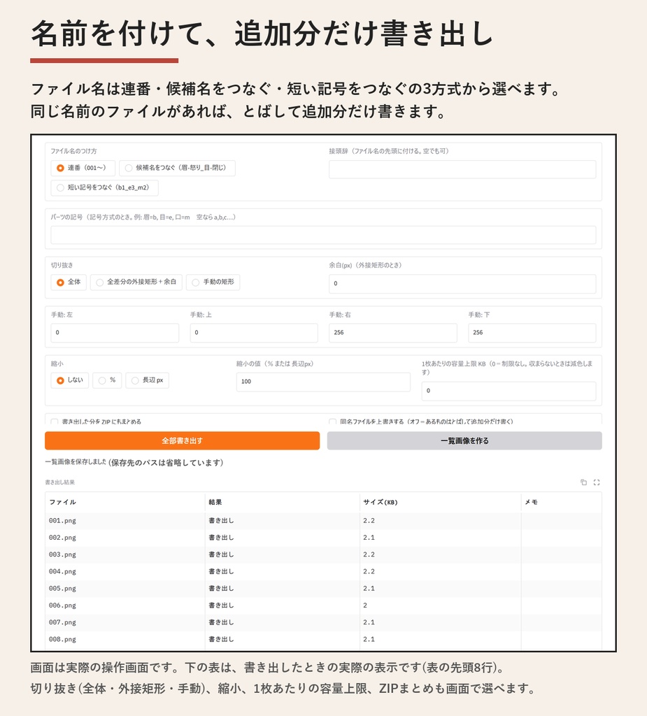 表情差分 全組み合わせメーカー | 眉・目・口の全組み合わせを名前付きで一発書き出し(Windows・買い切り・無料体験版あり)