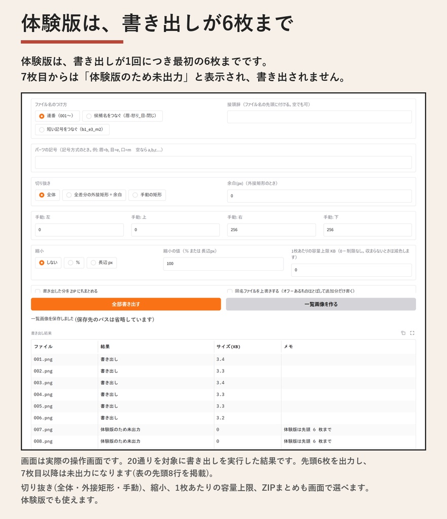 【無料の体験版】表情差分 全組み合わせメーカー | 全機能を試せます。書き出しは6枚まで・画像右下に「体験版」の文字(Windows)