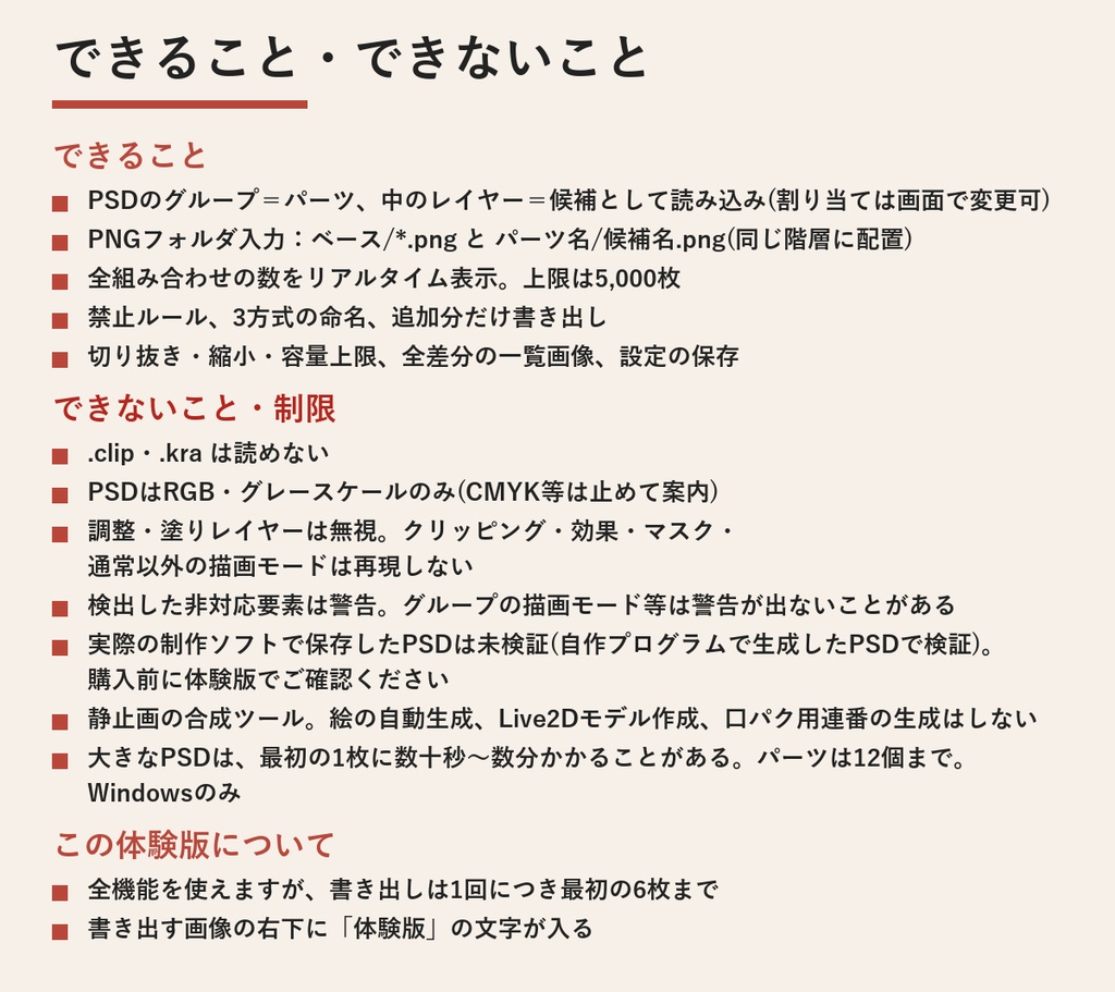 【無料の体験版】表情差分 全組み合わせメーカー | 全機能を試せます。書き出しは6枚まで・画像右下に「体験版」の文字(Windows)