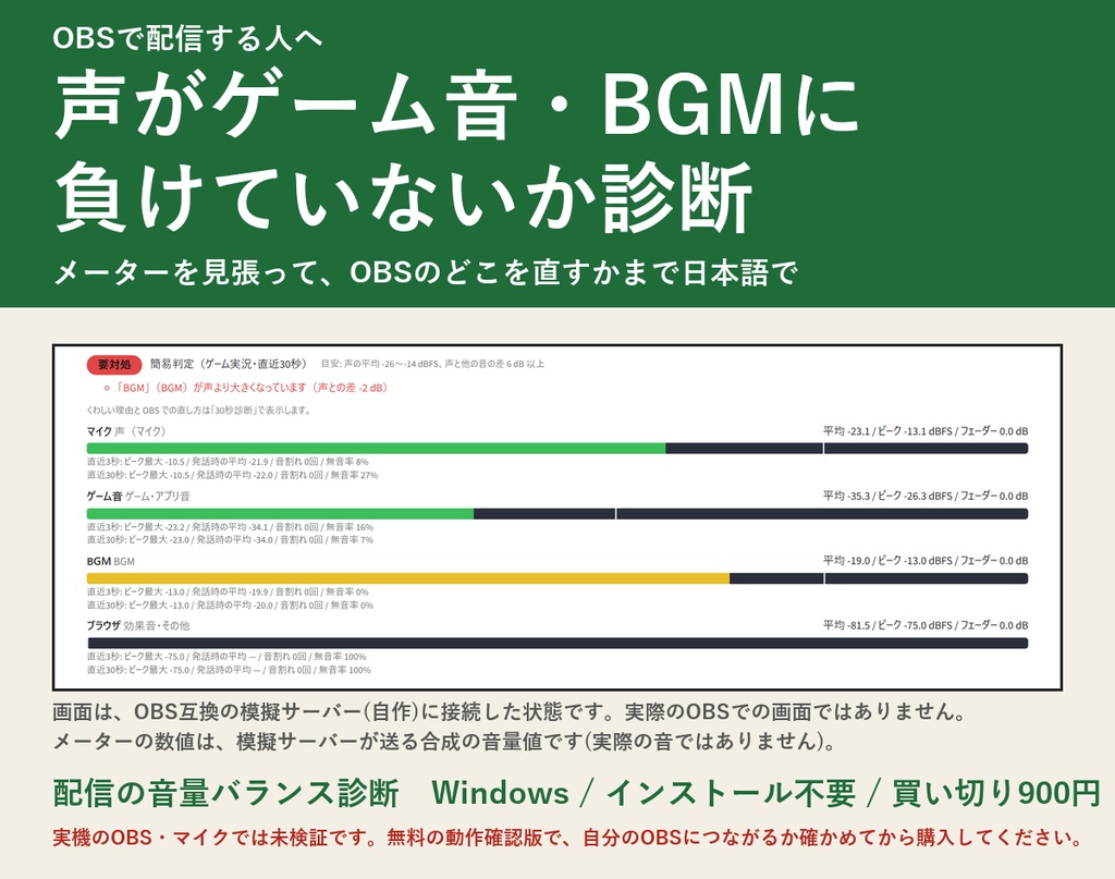 配信の音量バランス診断(OBS用) | 声がゲーム音・BGMに負けていないか、直し方まで日本語で(Windows・買い切り・無料の動作確認版あり)