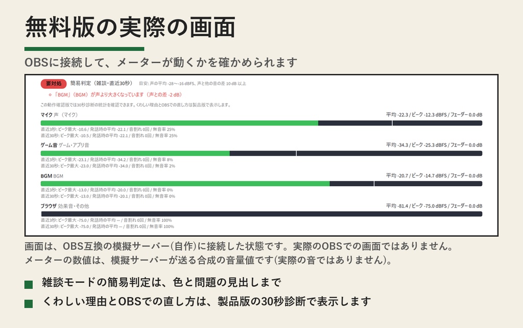 【無料の動作確認版】配信の音量バランス診断(OBSの音量メーター) | 接続・音源一覧・メーター・雑談モードの簡易判定まで。診断の助言は製品版(Windows)