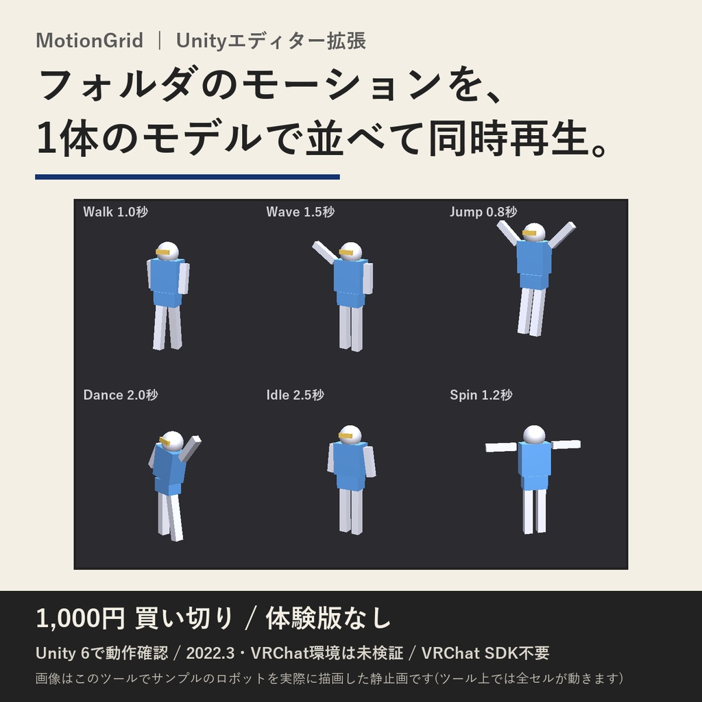 MotionGrid(フォルダ内のモーションを並べて同時再生・Unityエディター拡張) | 見比べて選べる(買い切り)