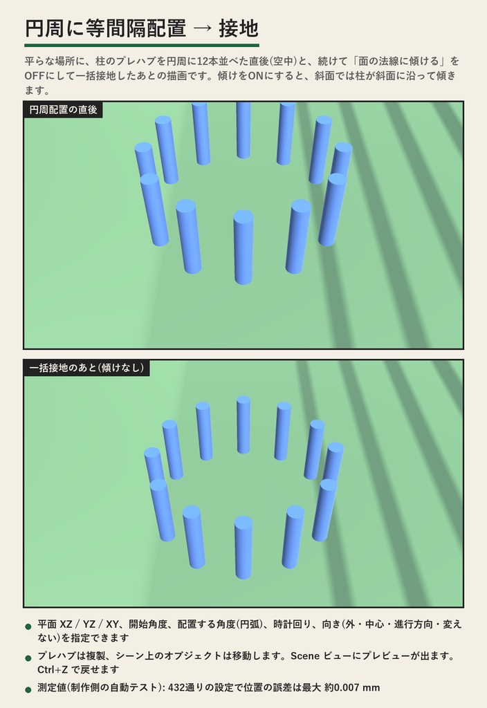PlaceKit(一括接地・円周に等間隔配置・Spline沿い配置・Unityエディター拡張) | 置いたものを地面へ・円に・Splineに沿って(買い切り)
