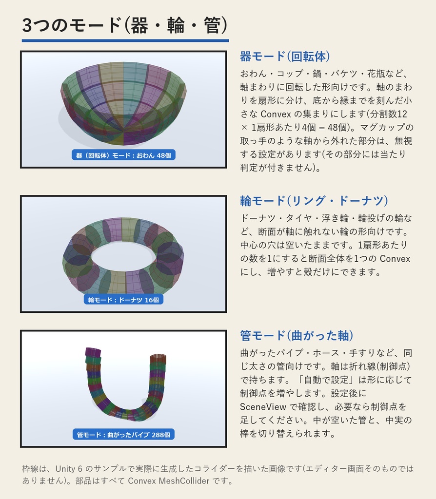 HollowColliderMaker(中空コライダーメーカー・Unityエディター拡張) | おわん・コップ・輪・パイプの「中に入れる」当たり判定を作る(買い切り)