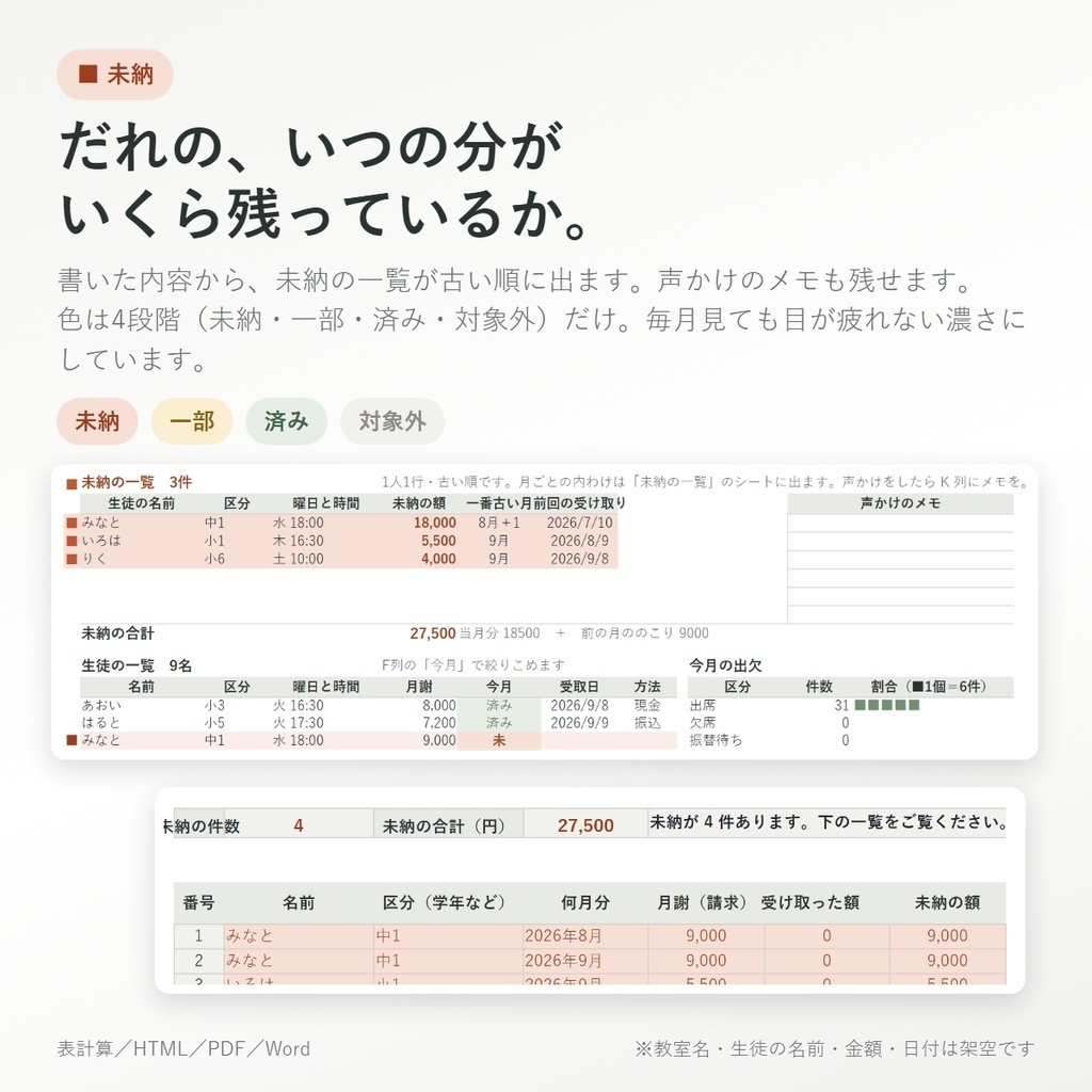 教室の台帳 無料の見本(生徒3人・1か月分)