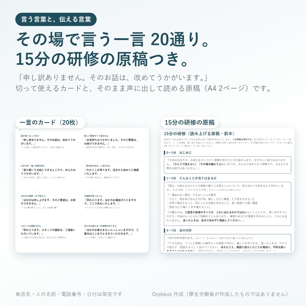 小さな店のカスハラ対策 書き込みキット|指針の10項目・貼る紙4種・一言20通り・15分研修(PDF 25p+Word+Excel+文づくりHTML)