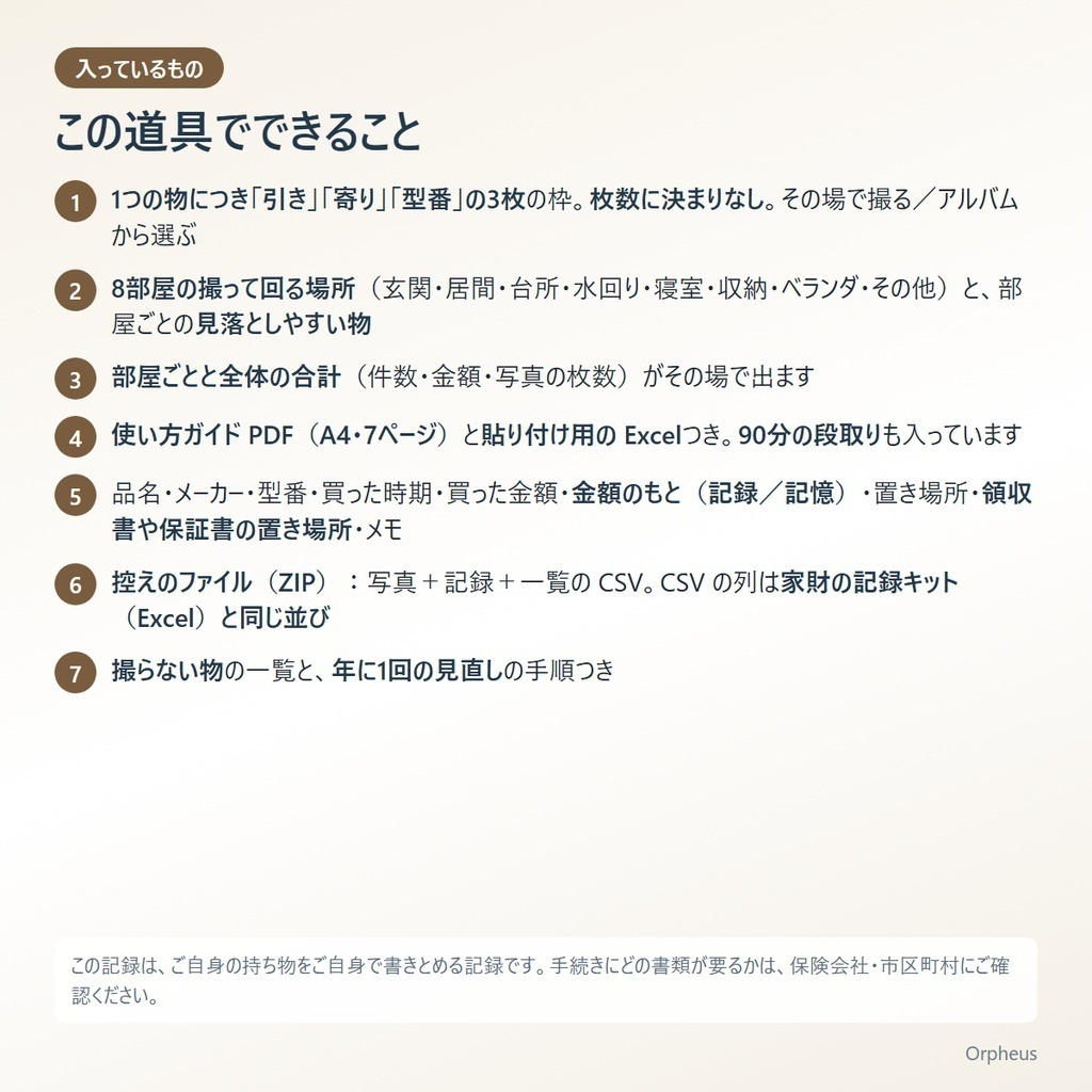 家財の記録 スマホ版|部屋ごとに撮って書く・引き/寄り/型番の3枚・合計まで(Web の道具)