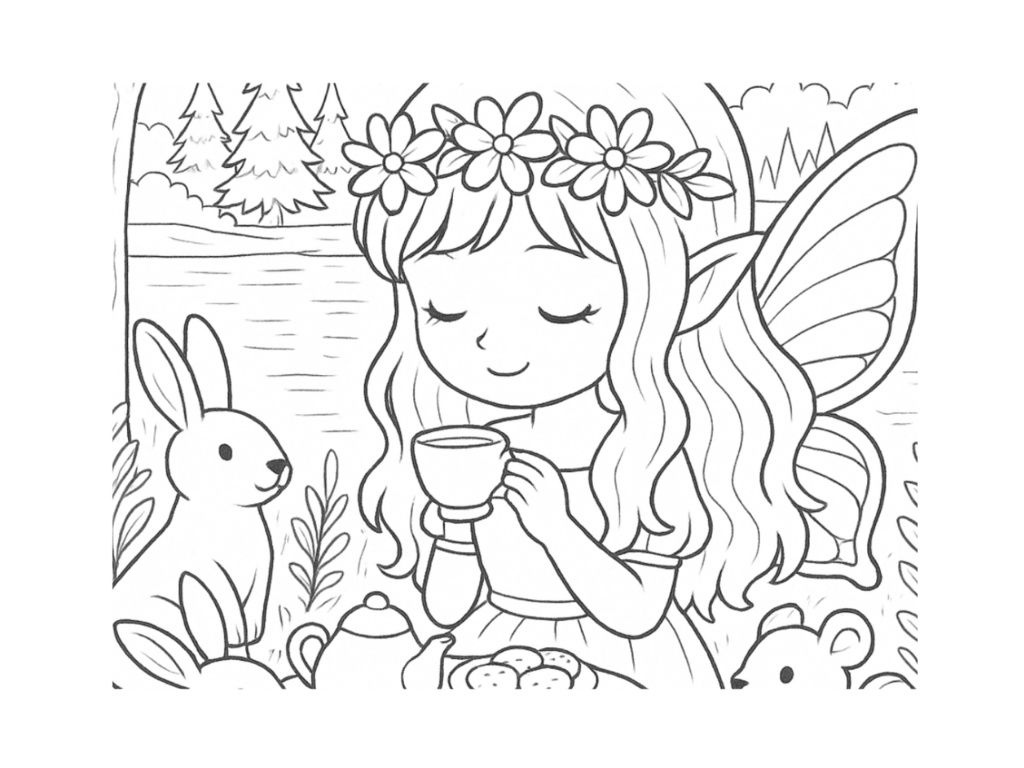 🌿妖精たちの午後。森のティーパーティーぬりえ🌿