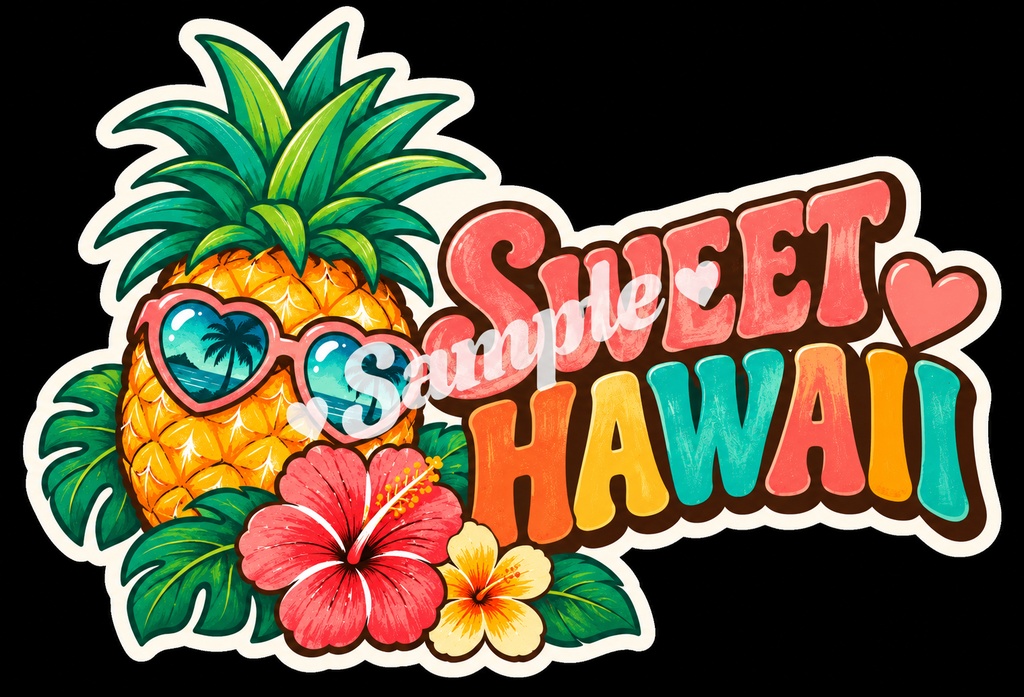 【Canva対応】70年代ハワイアンシリーズワードステッカー70’s HAWAII WORD STICKERS|レトロハワイアン PNG素材 15枚+BONUS 1枚