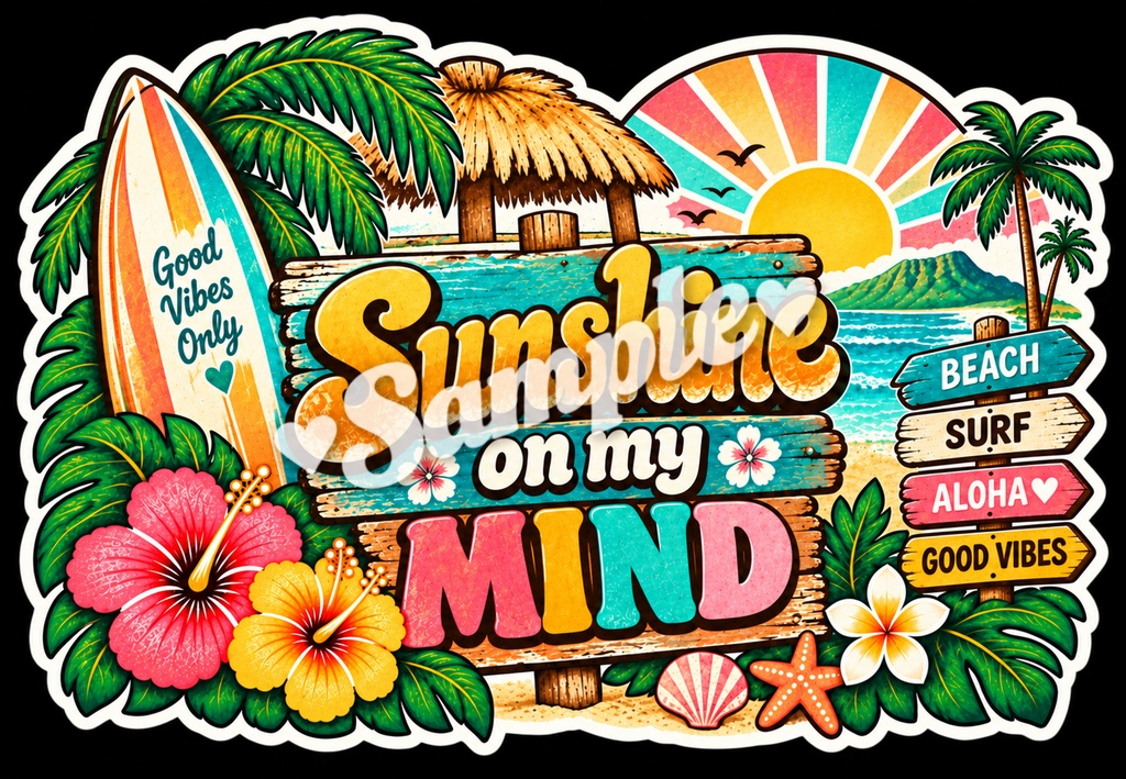 【Canva対応】70年代ハワイアンシリーズワードステッカー70’s HAWAII WORD STICKERS|レトロハワイアン PNG素材 15枚+BONUS 1枚