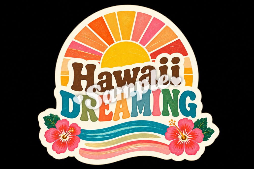 【Canva対応】70年代ハワイアンシリーズワードステッカー70’s HAWAII WORD STICKERS|レトロハワイアン PNG素材 15枚+BONUS 1枚