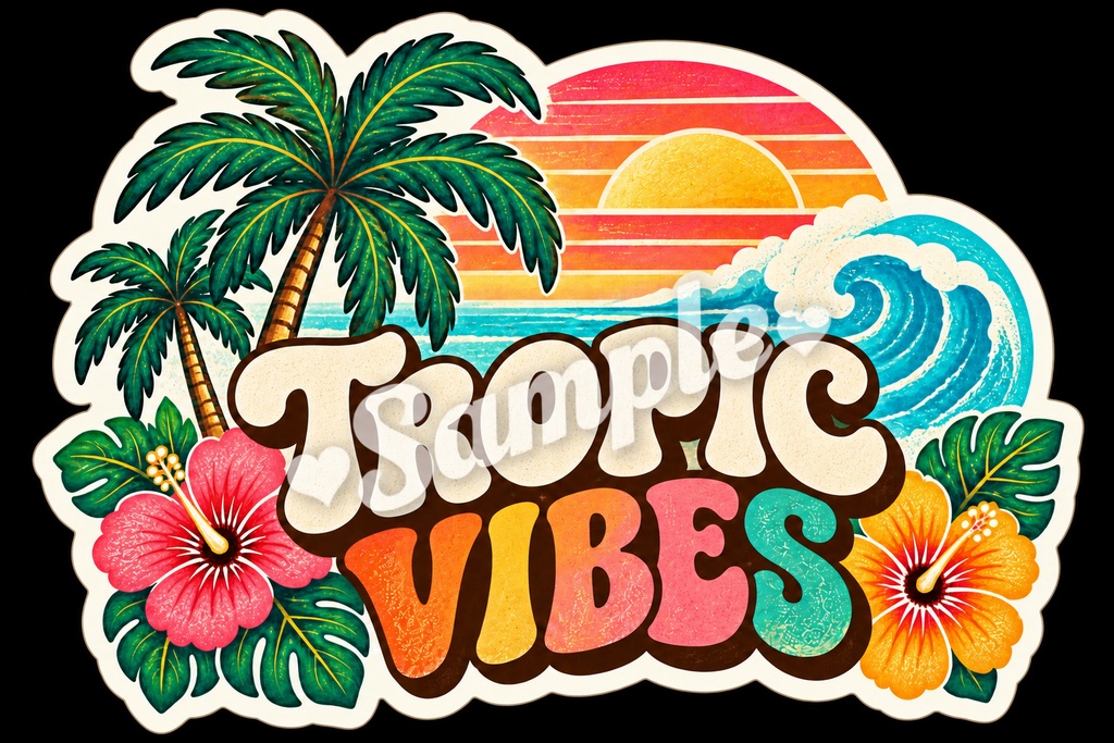 【Canva対応】70年代ハワイアンシリーズワードステッカー70’s HAWAII WORD STICKERS|レトロハワイアン PNG素材 15枚+BONUS 1枚