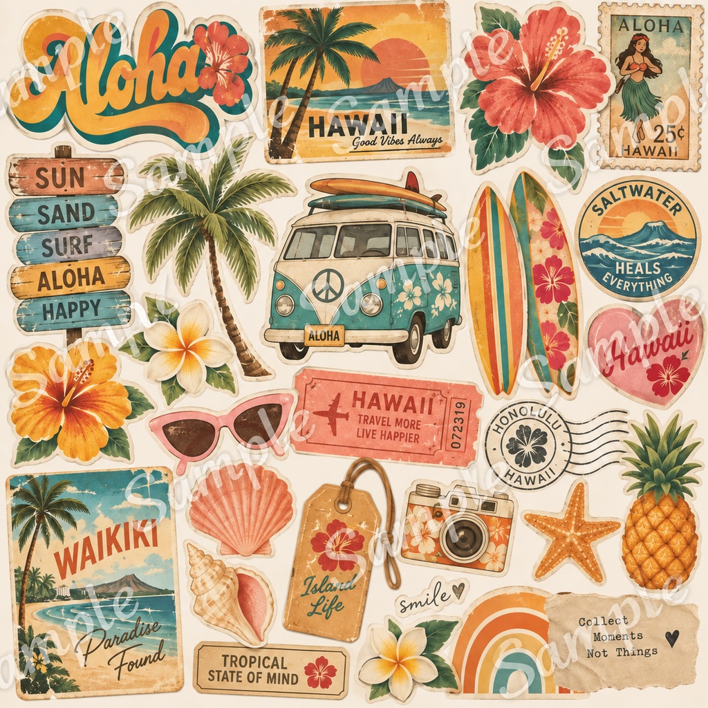 【Canva対応】70年代ハワイアンシリーズクリップアート70’s HAWAII CLIPART COLLECTION|背景透過PNG 26点