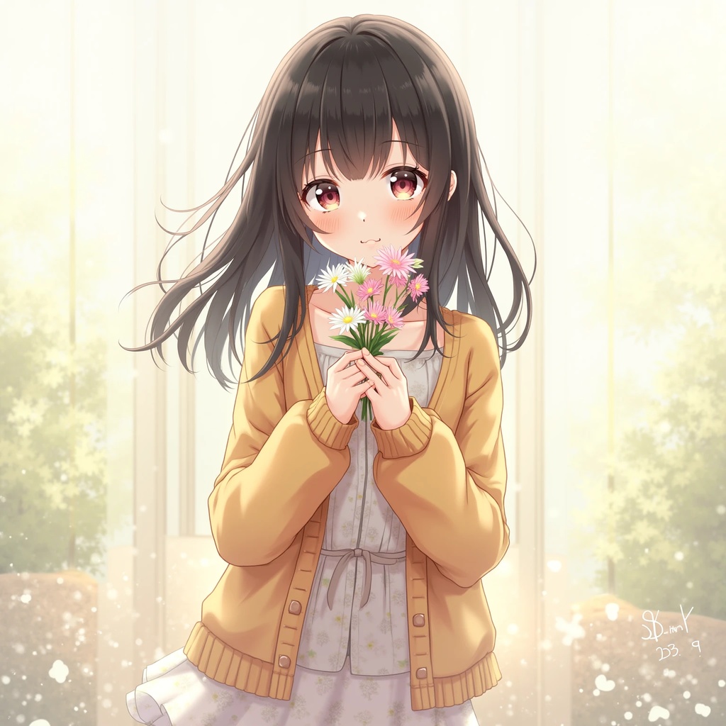 誕生花に願いを祈る美少女(2種類)