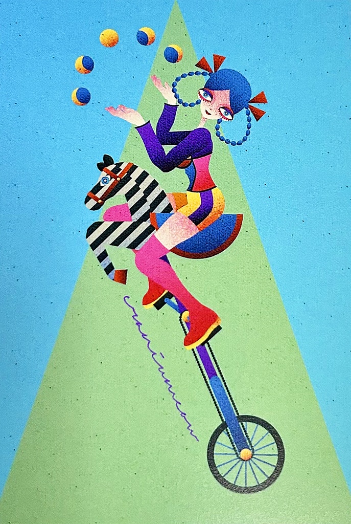 一輪車乗りのジャグリング 額入りポストカード