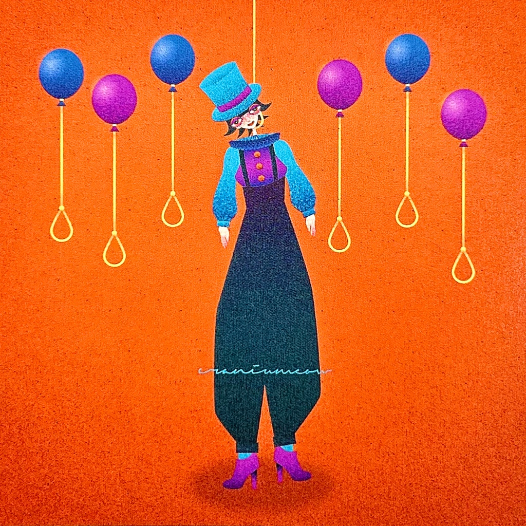 脚長ピエロの風船配り 正方形カード